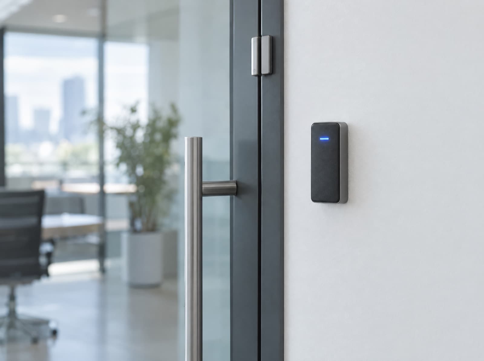 A badge reader mounted beside a glass office door