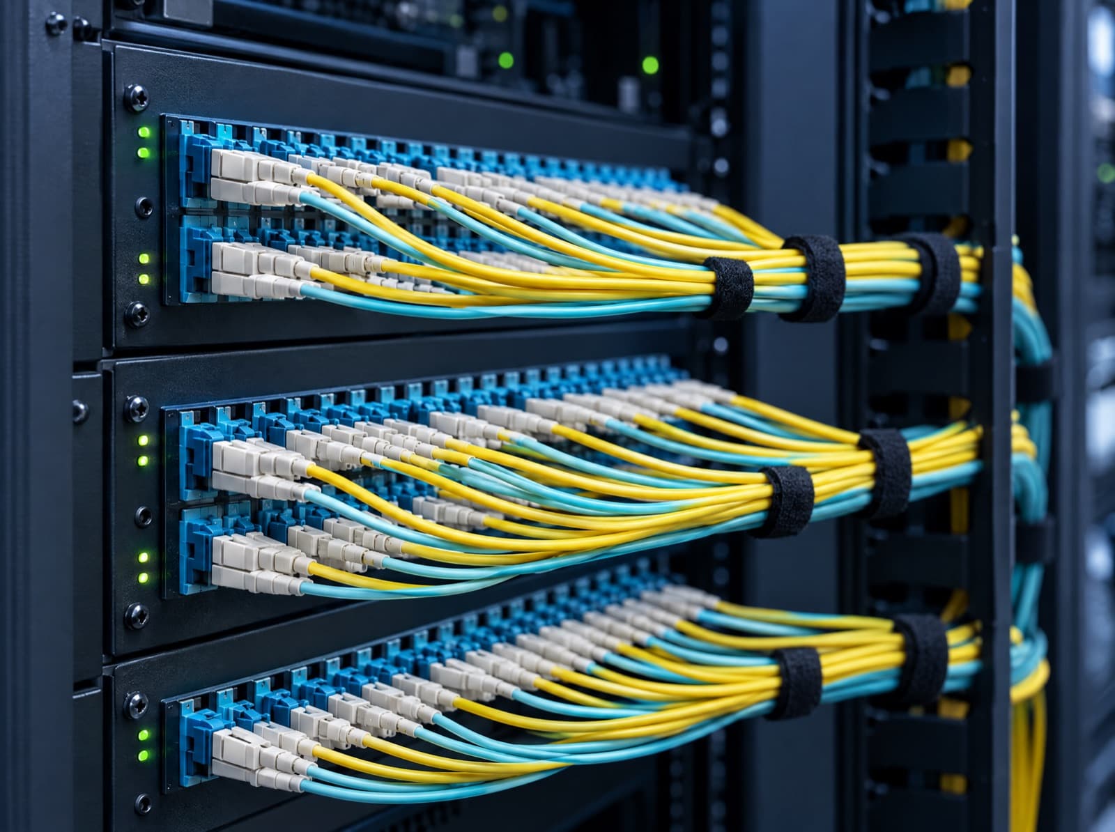 Fiber patch panel with yellow and aqua cables