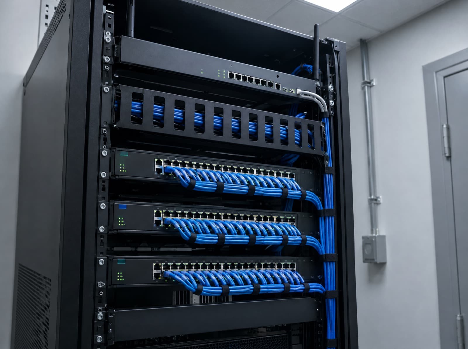 A network rack with neatly patched blue Cat6 cables